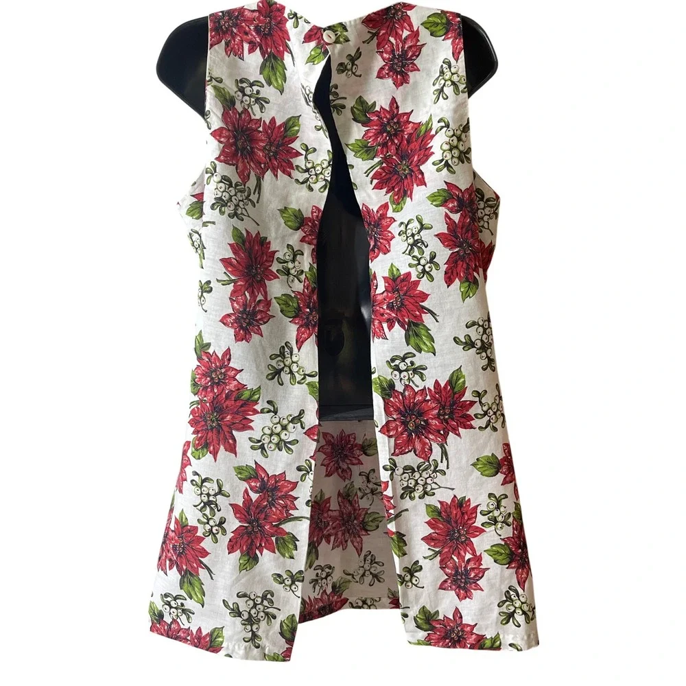Vintage Handmade Poinsettia Heart Pocket Pinafore Apron White Red